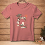 T-shirt with cartoon snowmen melting in hot yoga poses under a palm tree.