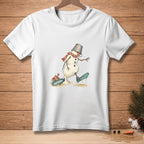 Melting snowman with bucket hat, scarf, and one boot, with a crab on a "NATURAL" sign.