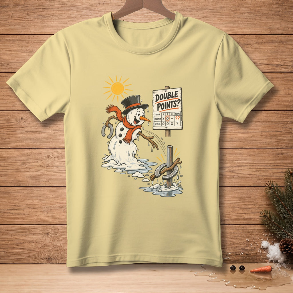 Melting snowman playing horseshoes with a scoreboard reading "Double Points?".