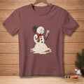 Melting snowman with red scarf holding thermometer reading "Confirmed" on a maroon t-shirt.