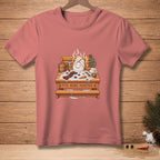 Snowman relaxing in a sauna, text "Five More Minutes" on t-shirt.