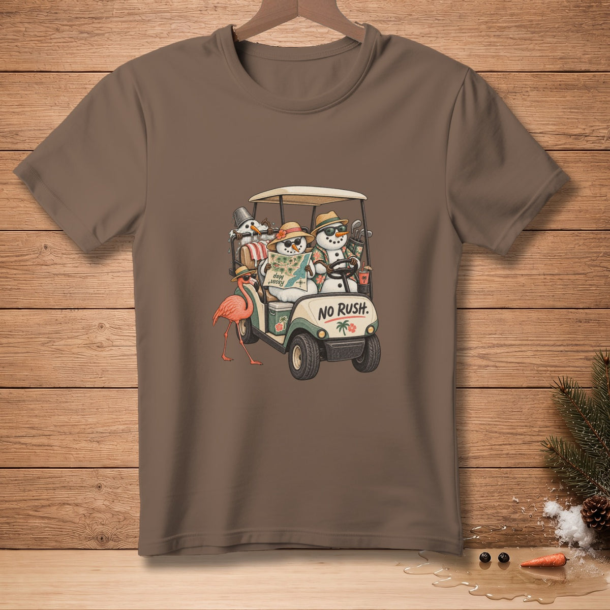 Snowmen in a golf cart with a flamingo and "NO RUSH." text.