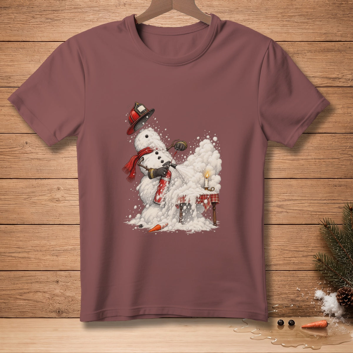 Snowman in firefighter helmet and scarf sprays snow from a red extinguisher onto a table.