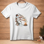 Melting snowman wearing a hat and scarf toasting bread, "ALMOST GOLDEN".