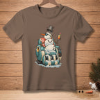 Snowman with sunglasses relaxing in a massage chair, holding a drink.