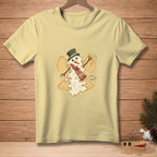 Light yellow t-shirt with a melting snowman angel graphic and the word "ANGELIC".