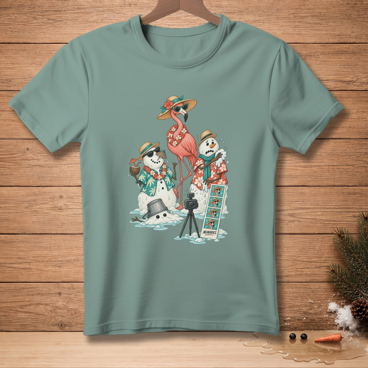 Flamingo and snowmen in Hawaiian shirts taking a photo at the beach.