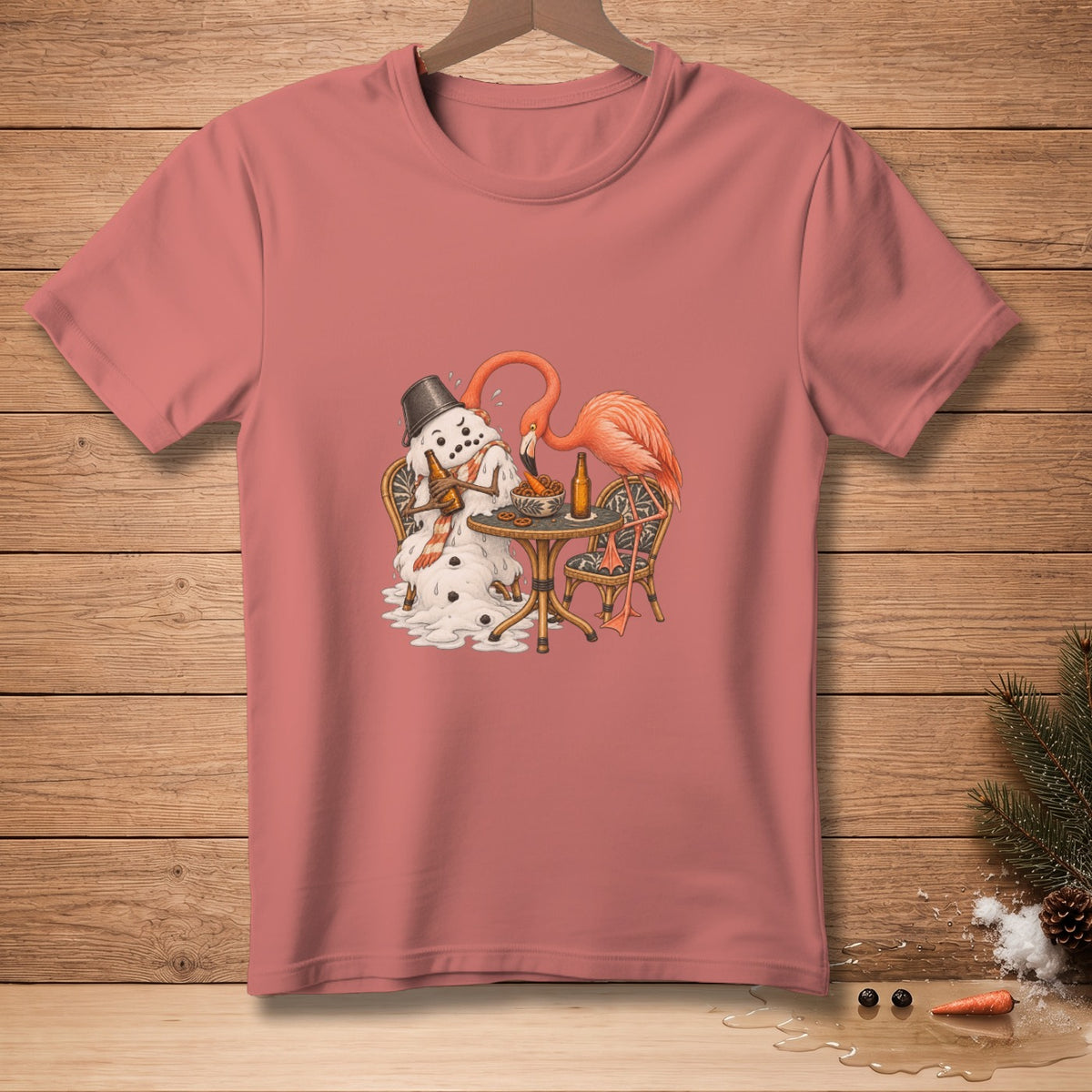 Melting snowman and flamingo sitting at a table with drinks and snacks.