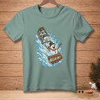 T-shirt graphic of snowmen in a boat splashing through water with text "AGAIN!".