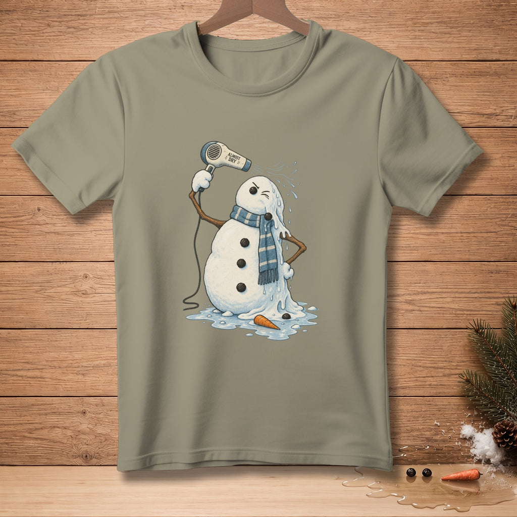 Melting snowman using a hairdryer with text "ALMOST DRY."