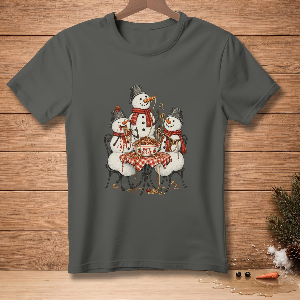 Three snowmen eating spaghetti from a bowl labeled "Date Night" on a checkered tablecloth.