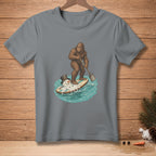 Bigfoot paddleboarding with a melting snowman on a surfboard.