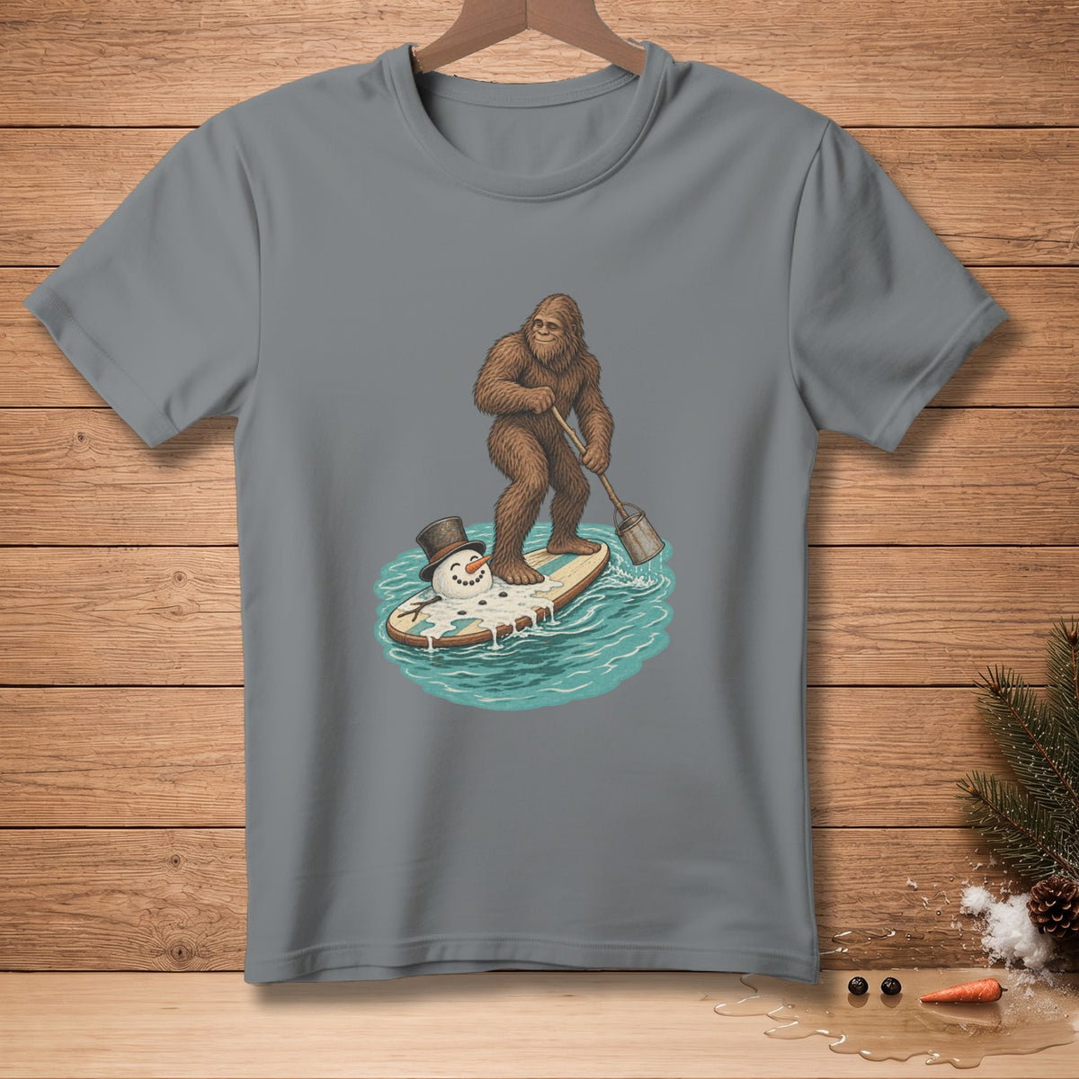 Bigfoot paddleboarding with a melting snowman on a surfboard.