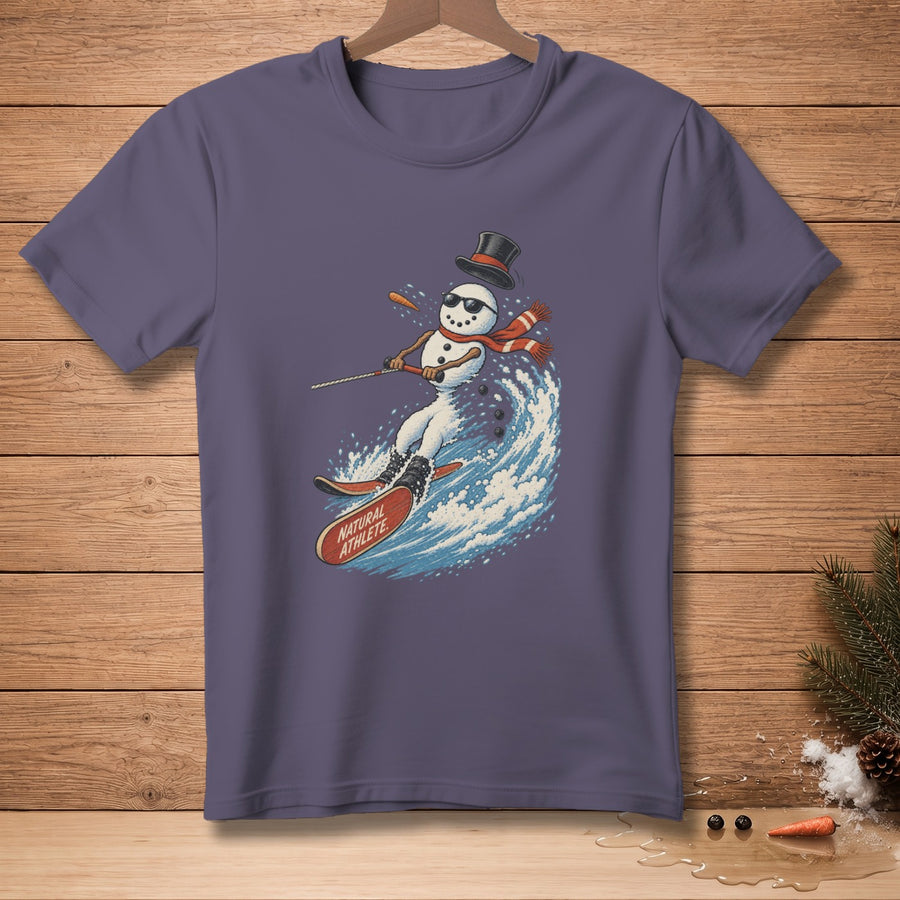 Snowman in top hat and scarf waterskiing on a wave, "Natural Athlete" text.