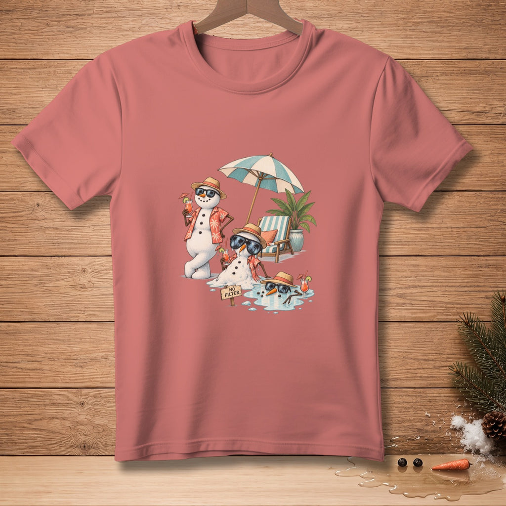 Three snowmen enjoying a tropical beach vacation with drinks and an umbrella.