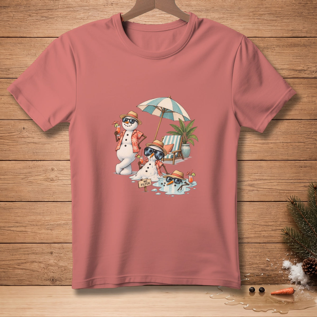 Three snowmen enjoying a tropical beach vacation with drinks and an umbrella.