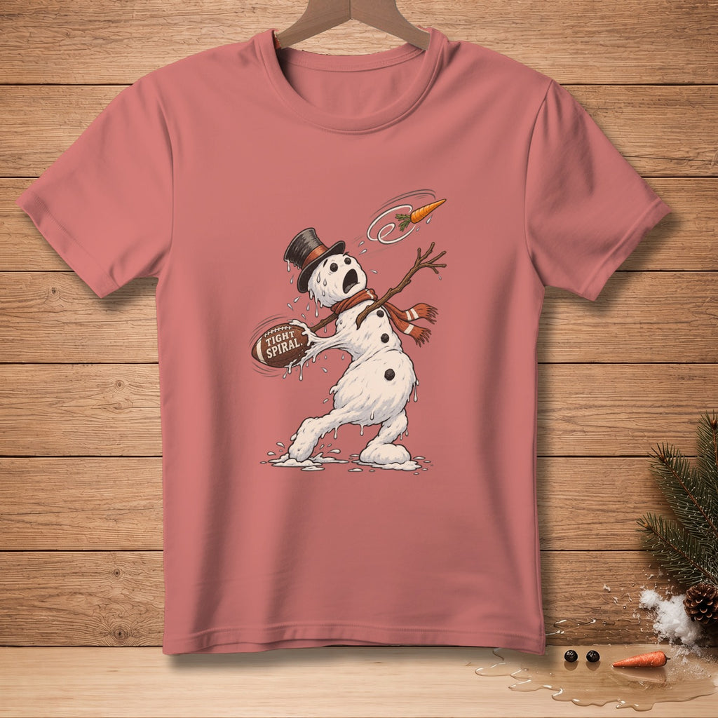 Melting snowman in a top hat and scarf throws a football with text "TIGHT SPIRAL".
