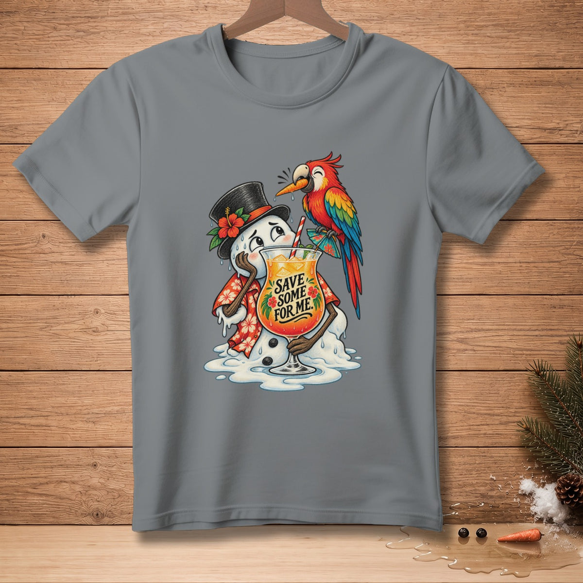 Melting snowman with a parrot and a drink saying "Save Some For Me".