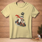 Snowman with red scarf and goggles driving a go-kart with "Born to Drive" text.
