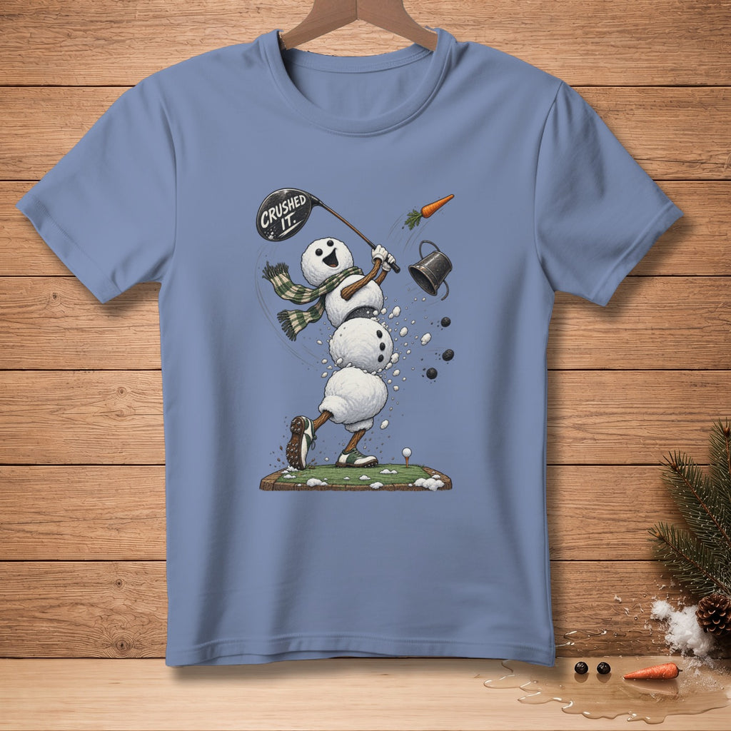 Snowman golfer swinging club with "CRUSHED IT." text, hitting carrot off golf tee.