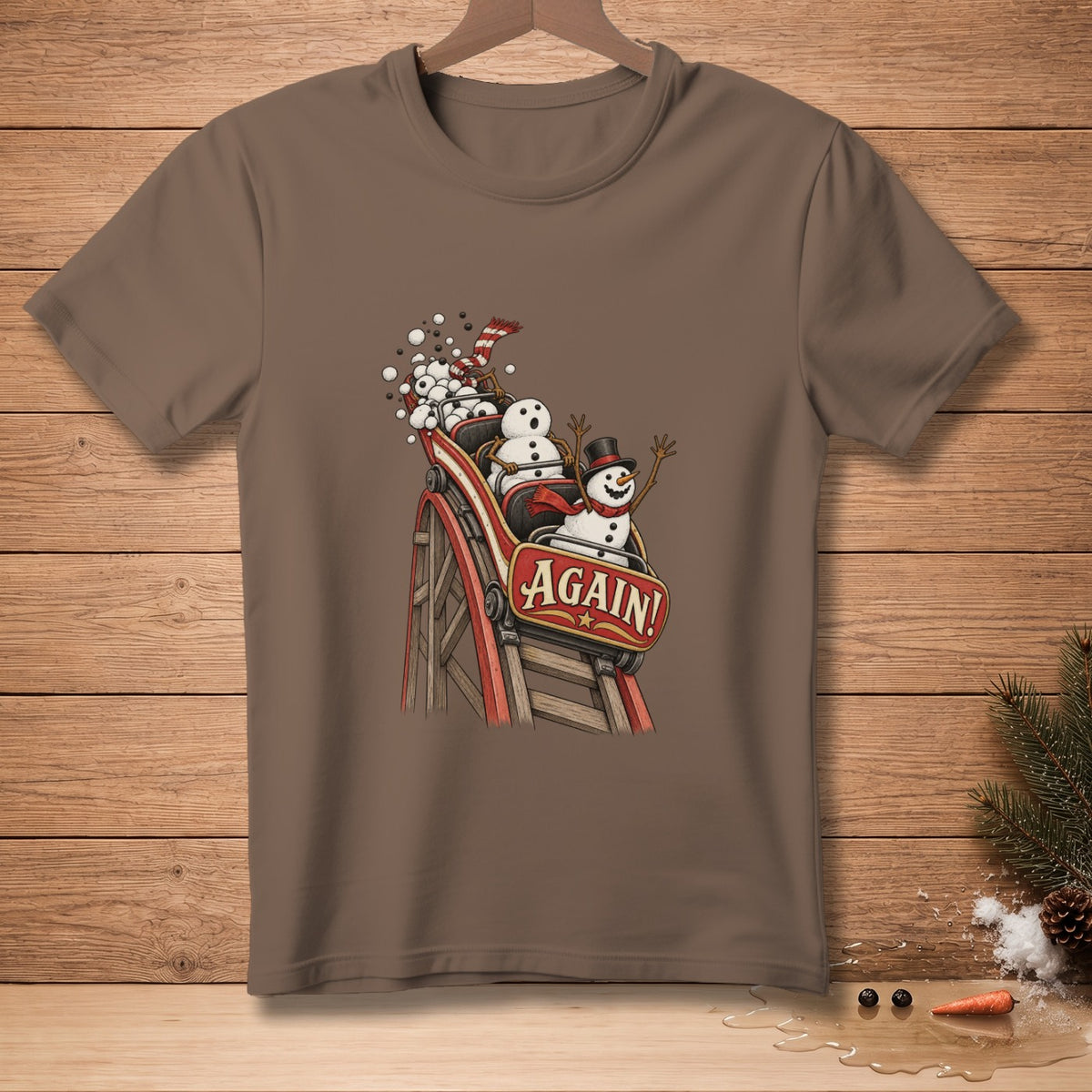 Snowmen on a rollercoaster with the word "AGAIN!" on the cart.