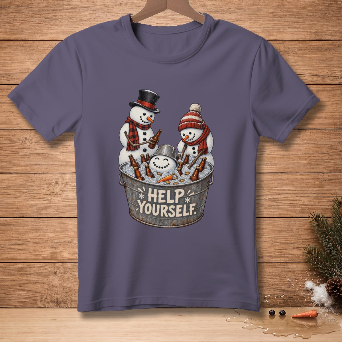 Snowmen in a bucket of ice with beer bottles and text "HELP YOURSELF".