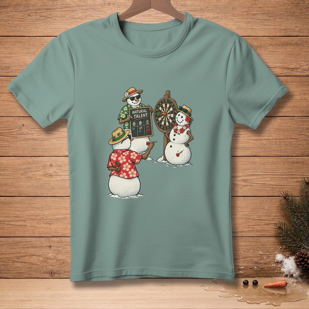 Three snowmen play darts, one holds a board reading "NATURAL TALENT."