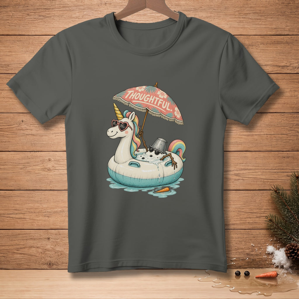 T-shirt graphic: unicorn with sunglasses on inflatable, under umbrella with text "THOUGHTFUL".