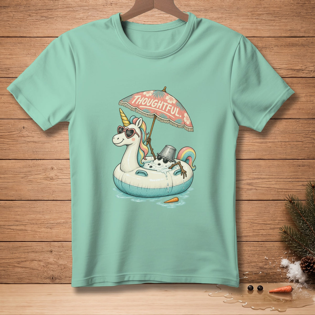 Unicorn in sunglasses on an inner tube under "THOUGHTFUL" umbrella with a melting snowman.
