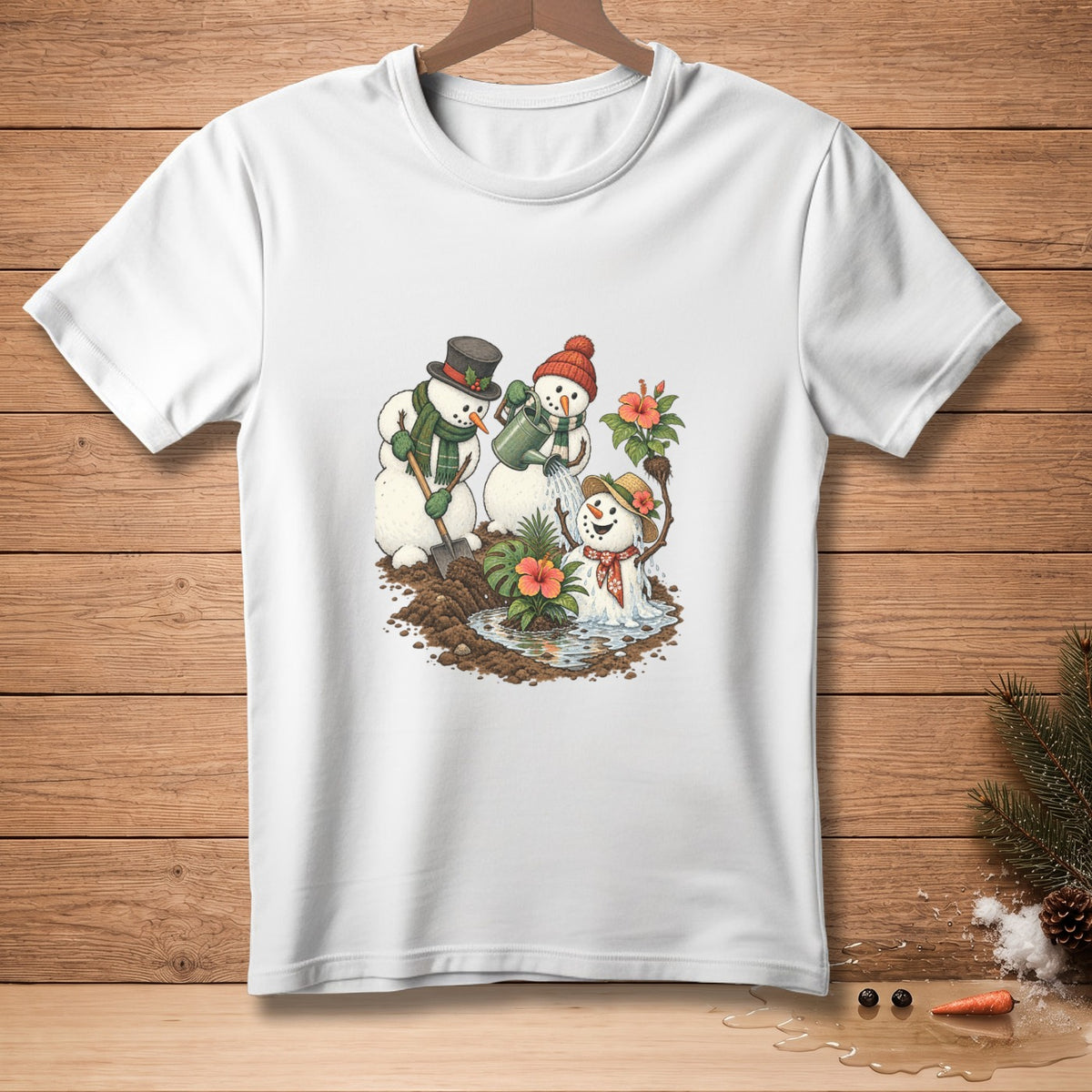 Snowmen with scarves planting flowers and watering them.