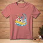 Snowmen in sunglasses ride a banana boat with a dolphin.