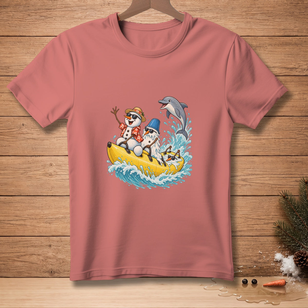 Snowmen in sunglasses ride a banana boat with a dolphin.