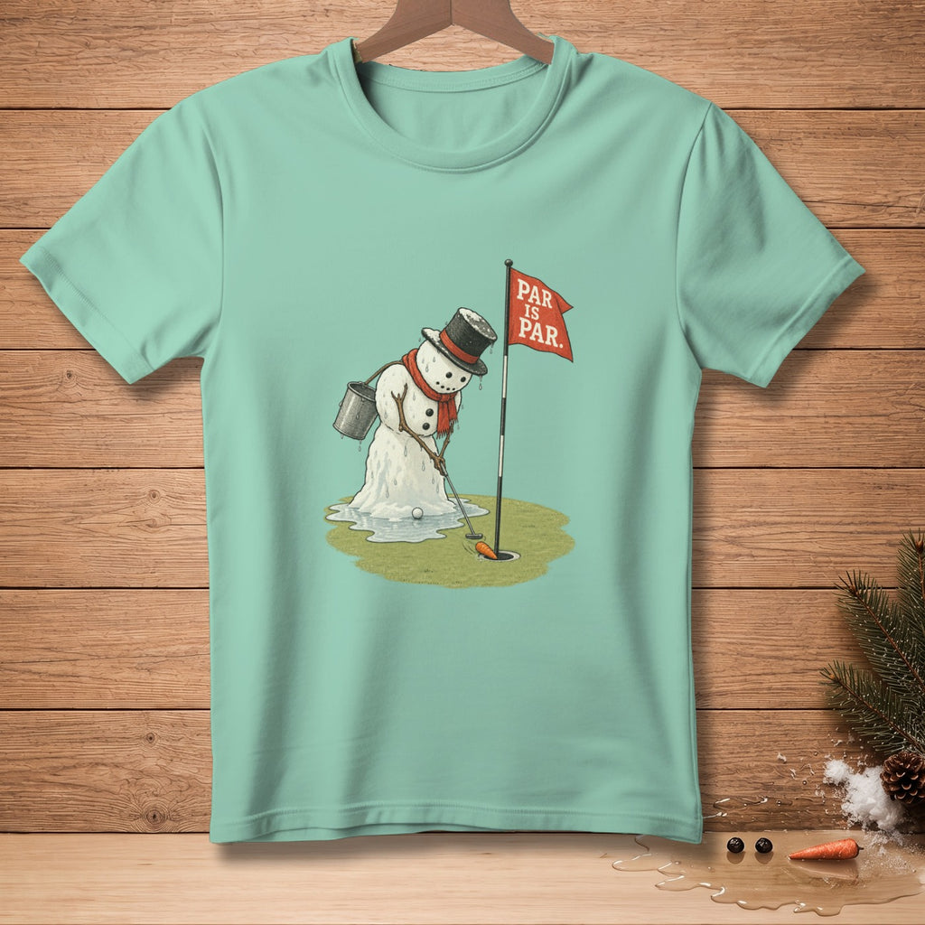 Melting snowman golfer with bucket and hat, flag reads "PAR IS PAR."