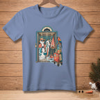 Snowmen with surfboards in an elevator with luggage and a parrot.