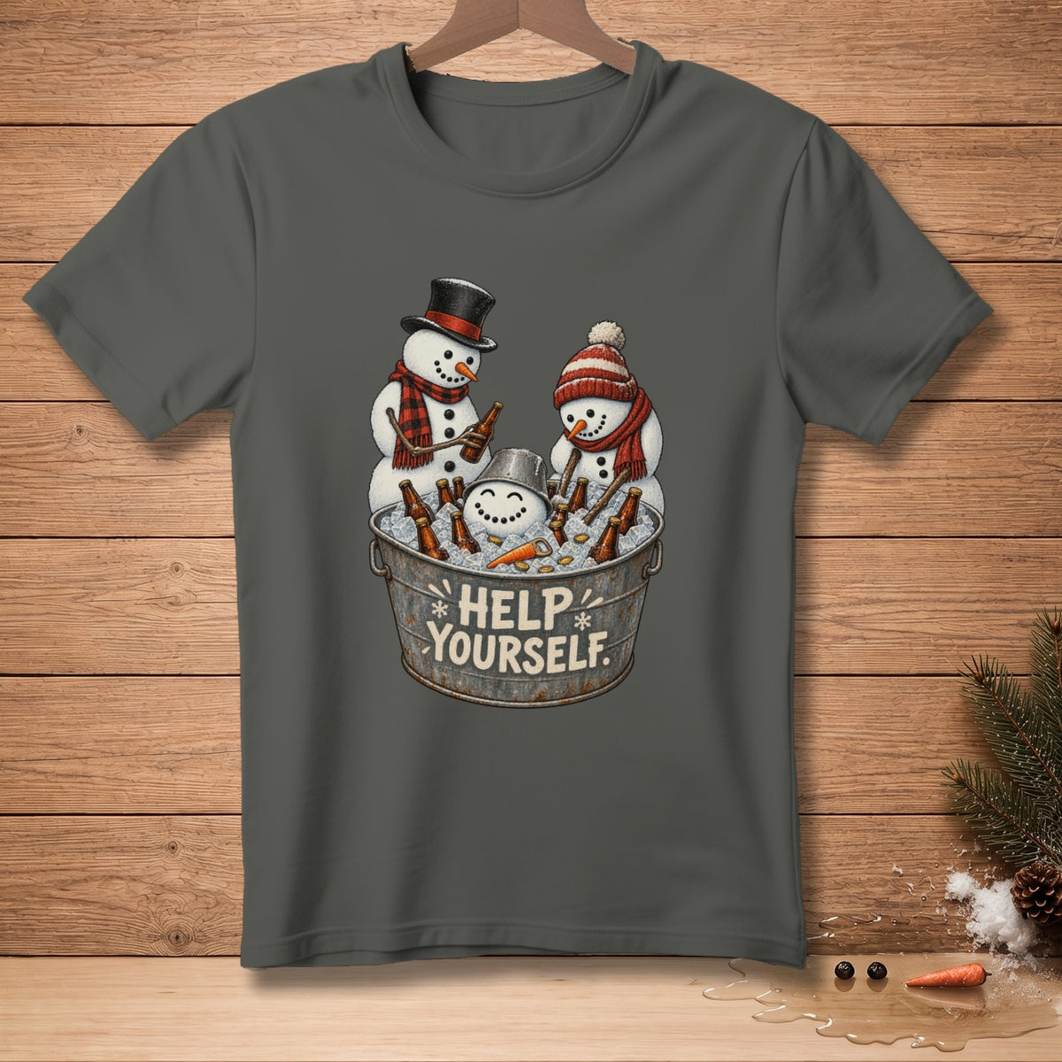 Three snowmen in a metal bucket filled with ice and beer bottles, with text "Help Yourself".