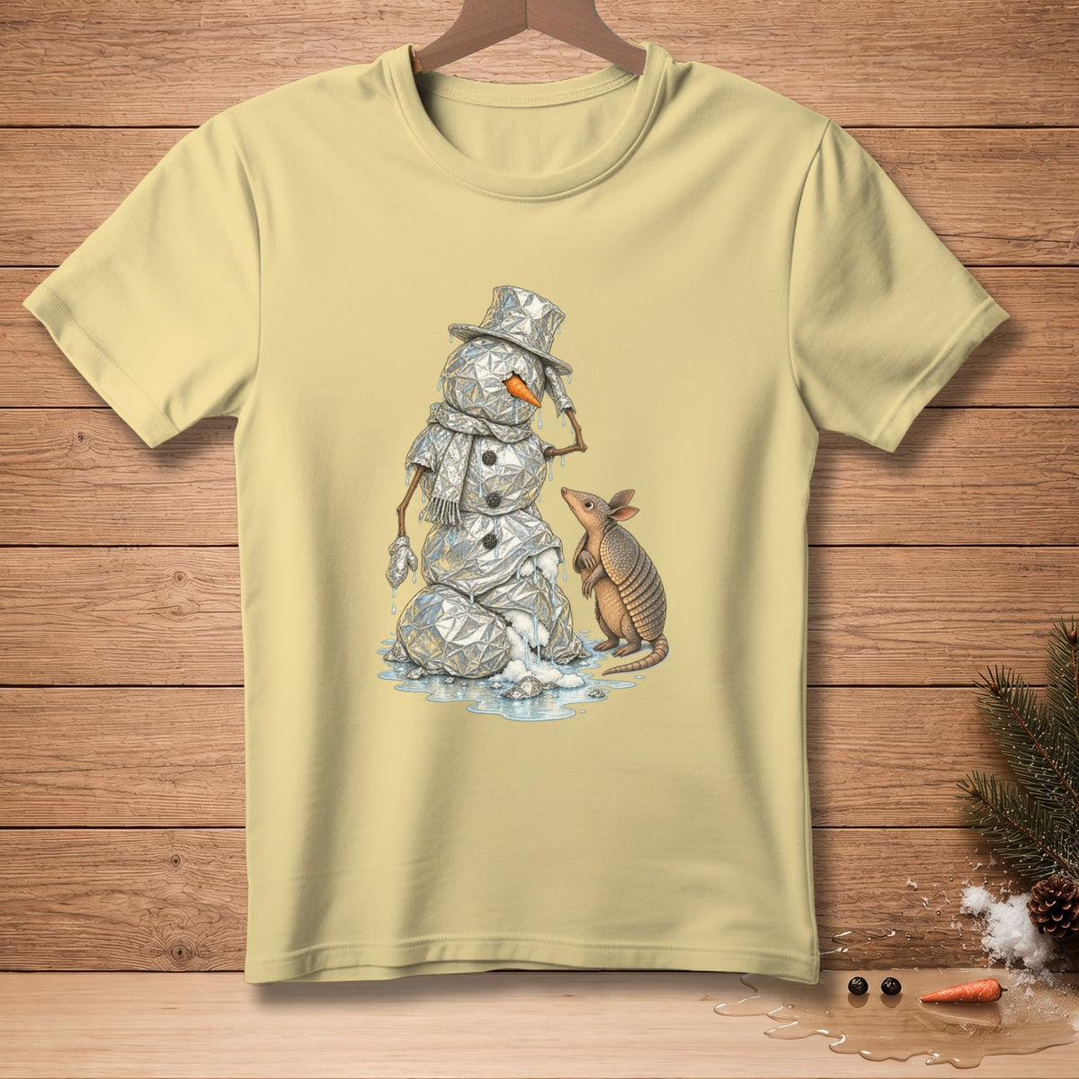 Snowman with hat and scarf melts beside an armadillo.