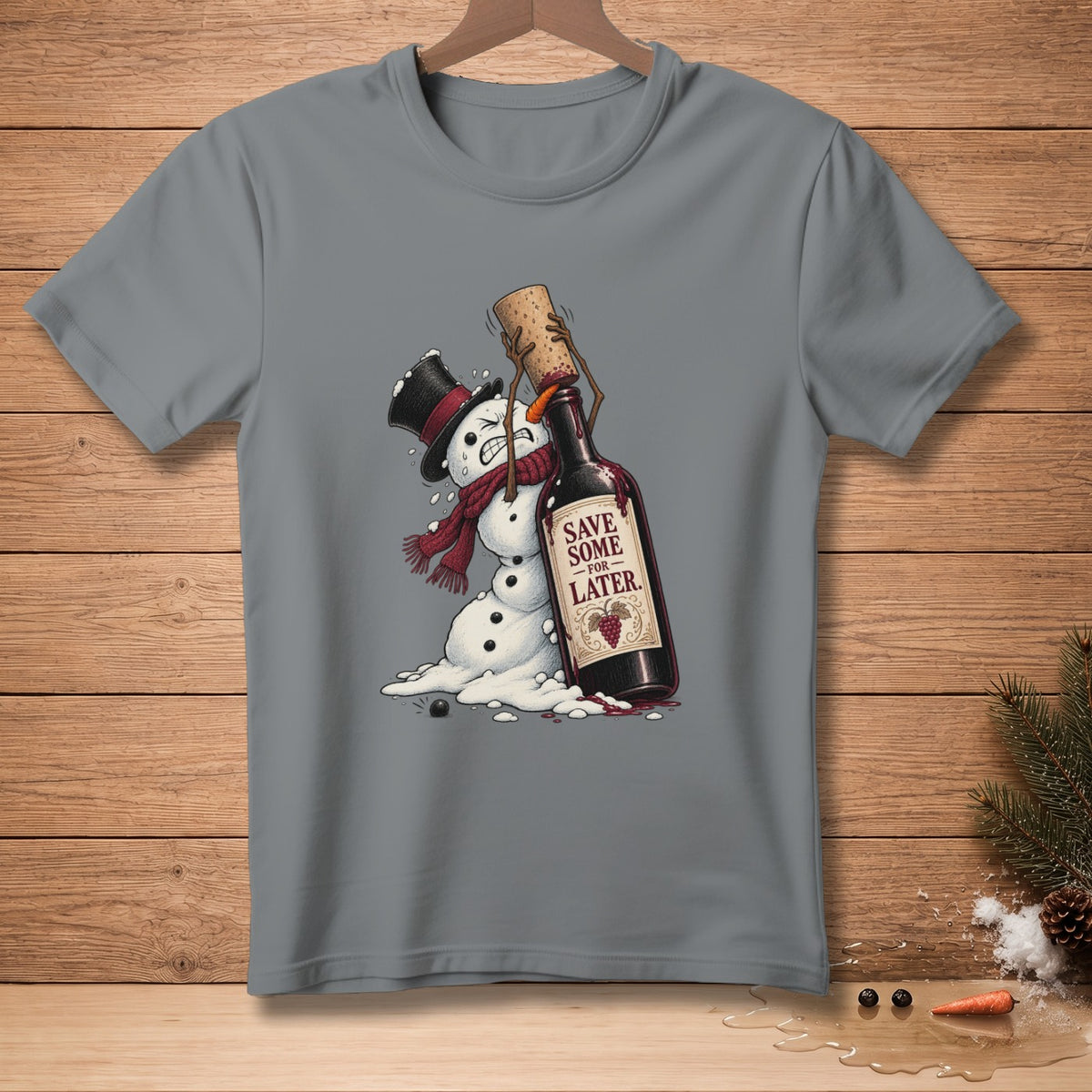 Snowman struggling with a wine bottle with "Save Some For Later" text.