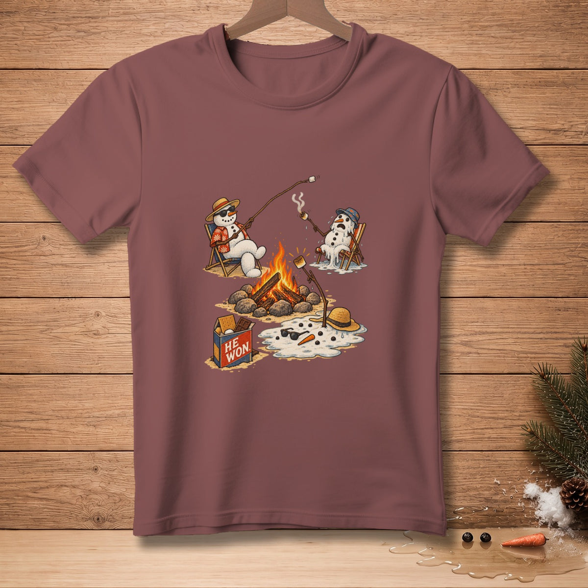 Melting snowmen by a campfire with s'mores ingredients and a "HE WON" box.