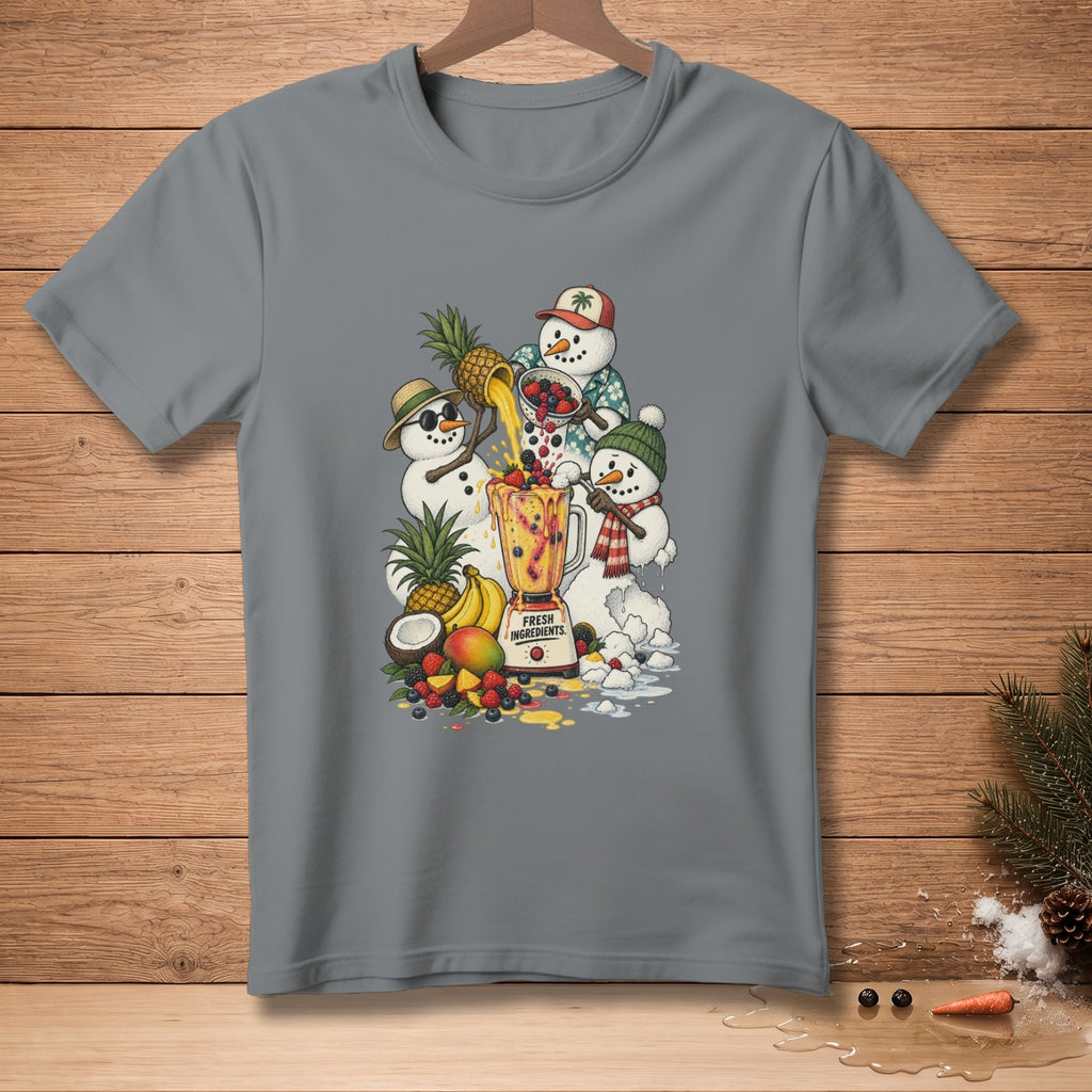 Snowmen making a fruit smoothie with pineapples, bananas, berries, and mangoes.