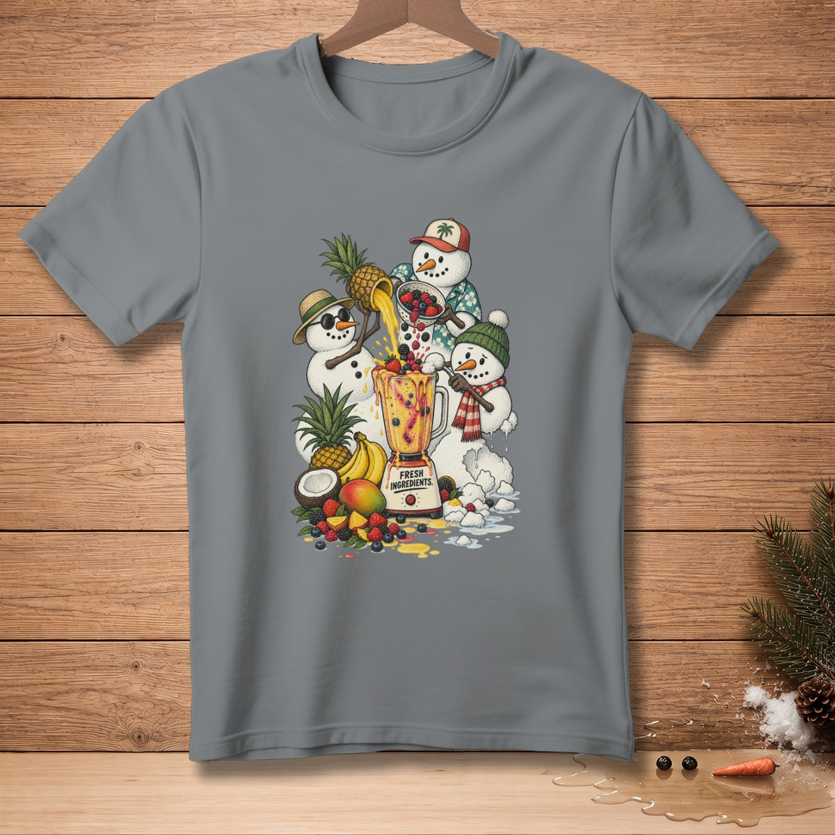 Snowmen making a fruit smoothie with pineapples, bananas, berries, and mangoes.