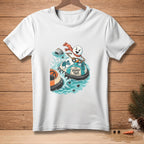 Snowman in bumper car with scarf, text "ROUND TWO." and water splashes.