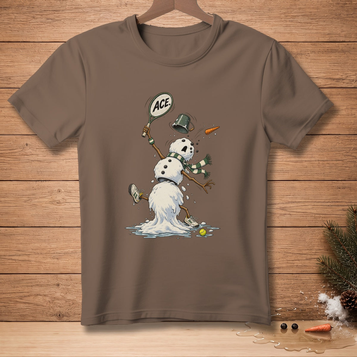 Melting snowman playing tennis with "ACE" on racket.