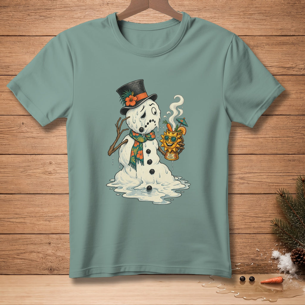 Melting snowman in a top hat holding a hot toddy with a sunny face.