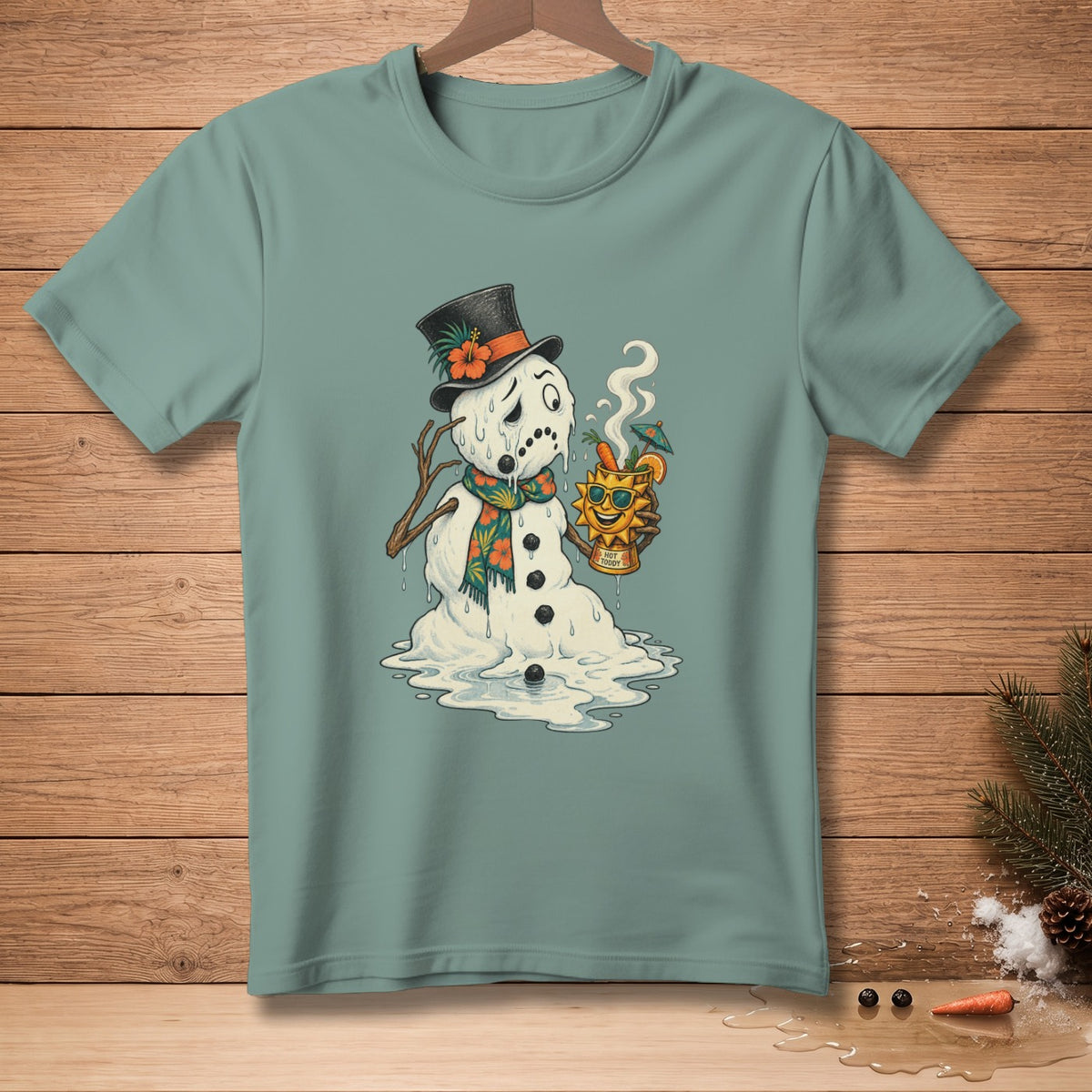 Melting snowman in a top hat holding a hot toddy with a sunny face.