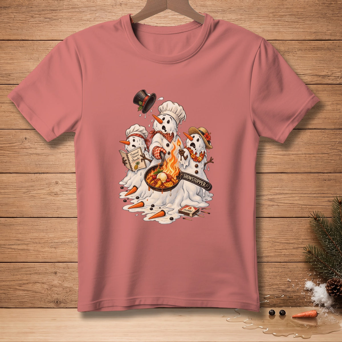 Three melting snowmen in chef hats cook flambe in a pan.