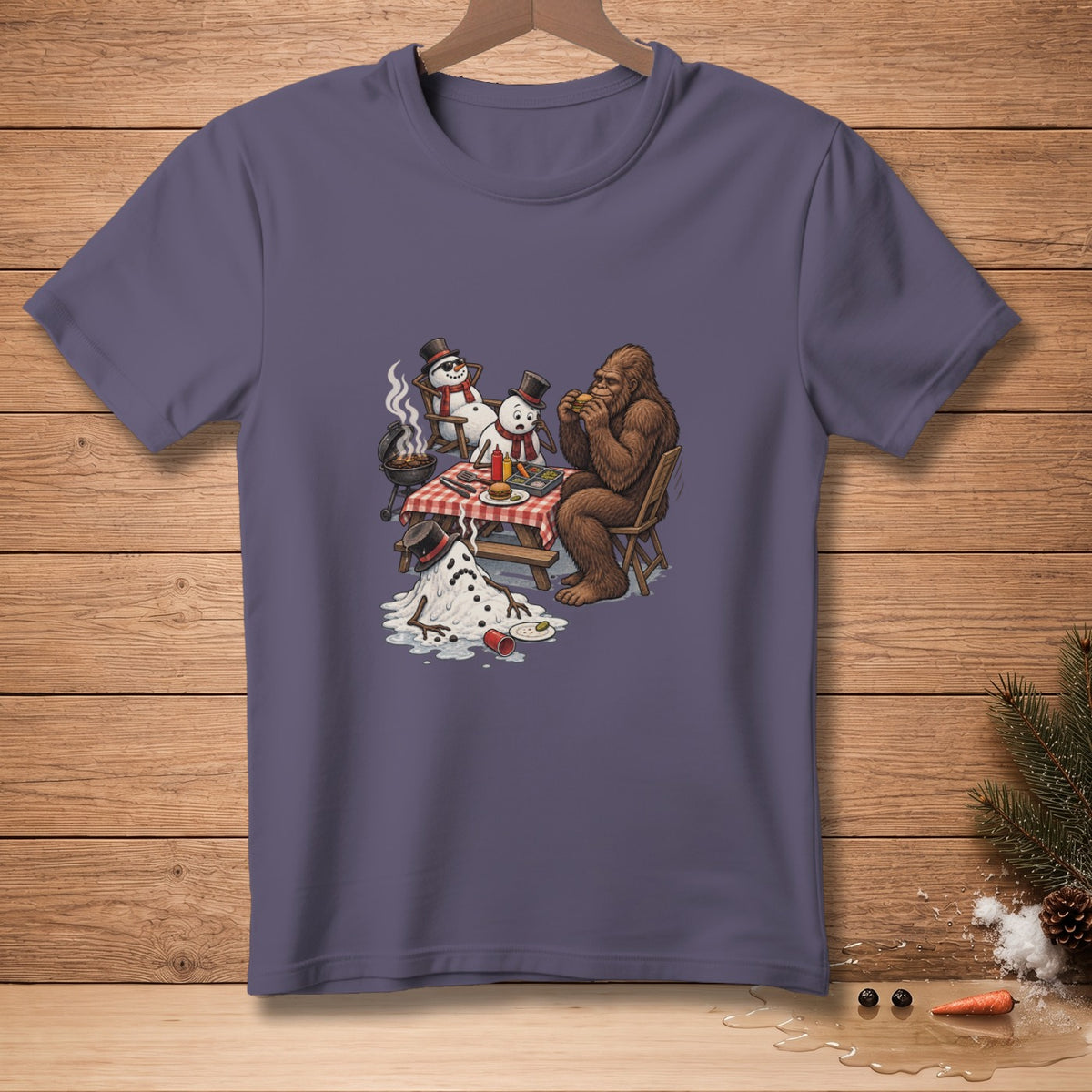 Bigfoot and snowmen have a picnic with a melting snowman and a grill.