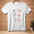 Illustration of snowmen fencing with flamingos on a white t-shirt.
