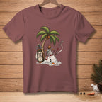 Snowman playing golf with coconut and palm tree. "Play it as it lies" text on bag.
