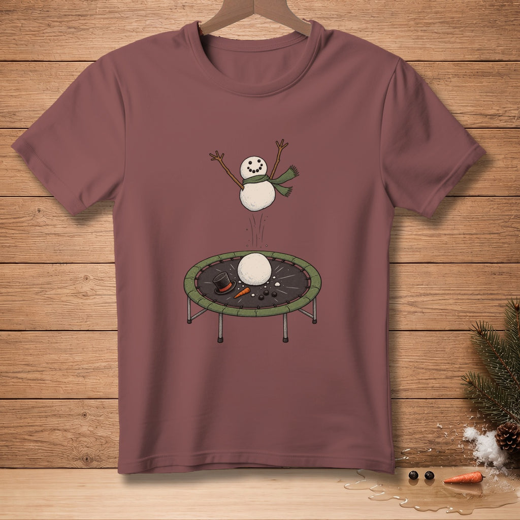 Snowman jumping on trampoline with a hat, carrot, and snowball.
