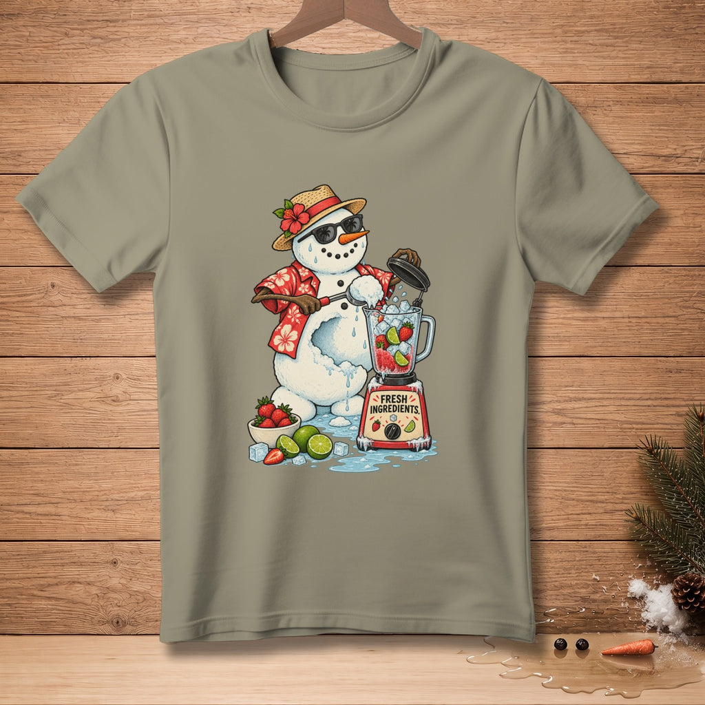 Snowman wearing sunglasses and a Hawaiian shirt makes a smoothie with a blender.
